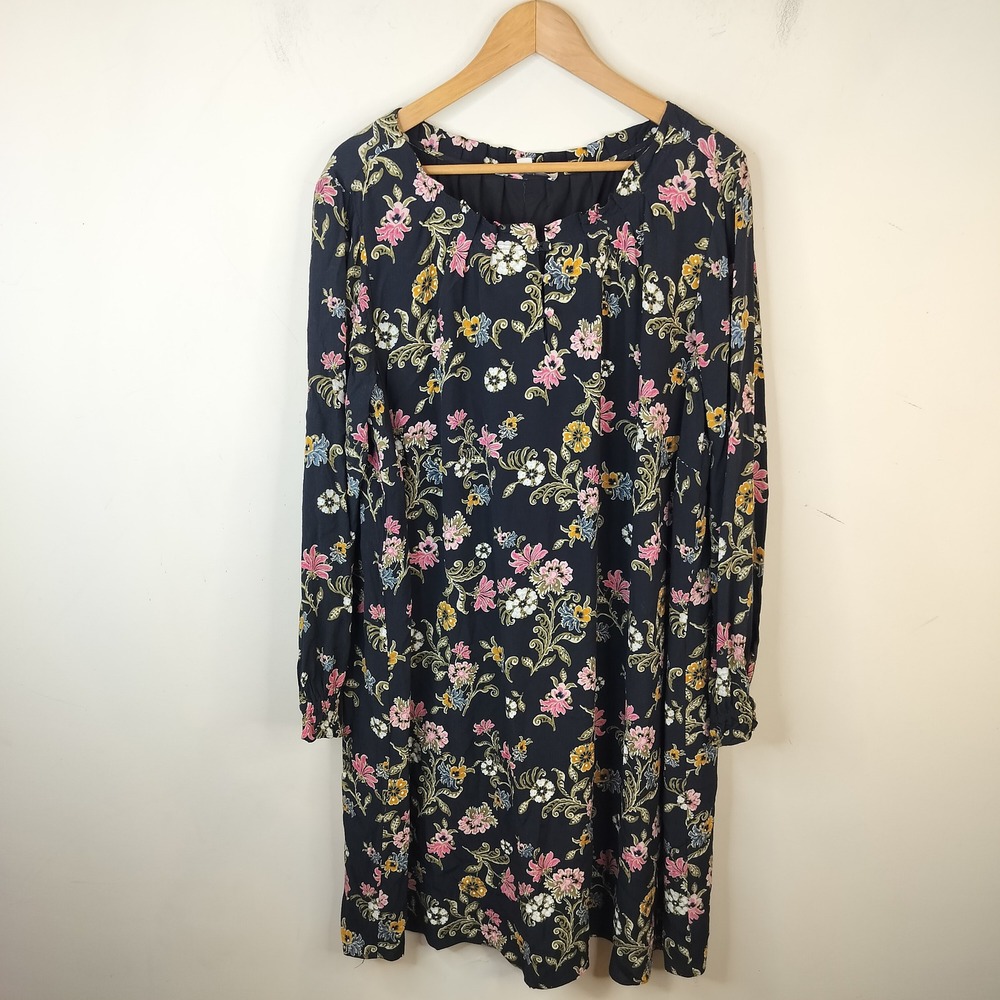 LOFT Plus Floral Shift Dress 18 Womens Long Sleeve Ruffled Boho Black Multi